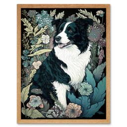 "Artery8 Wall Art Print Border Collie Dog in Wildflower Field Modern Art Framed in Light Oak - Size: W12"" x H16""" - thumbnail 1