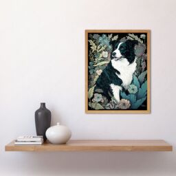 "Artery8 Wall Art Print Border Collie Dog in Wildflower Field Modern Art Framed in Light Oak - Size: W12"" x H16""" - thumbnail 2