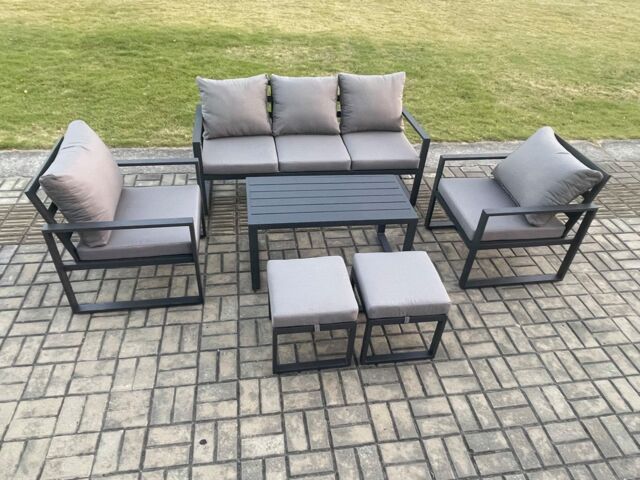 Fimous Aluminium Outdoor Furniture Set 7 Seater Garden Sofa with Oblong Coffee Table 2 Small Footstools 2 Armchairs Dark Grey - image 1