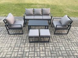 Fimous Aluminium Outdoor Furniture Set 7 Seater Garden Sofa with Oblong Coffee Table 2 Small Footstools 2 Armchairs Dark Grey - thumbnail 2