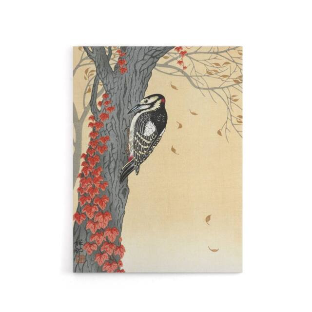 "Artery8 Great Spotted Woodpecker Tree Red Ivy Canvas Wall Art Print Koson in Orange - Size: W18"" x H24""" - image 1
