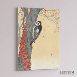 "Artery8 Great Spotted Woodpecker Tree Red Ivy Canvas Wall Art Print Koson in Orange - Size: W18"" x H24""" - thumbnail 2