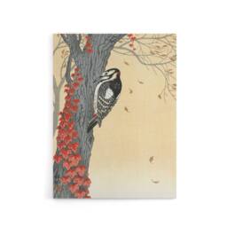 "Artery8 Great Spotted Woodpecker Tree Red Ivy Canvas Wall Art Print Koson in Orange - Size: W18"" x H24""" - thumbnail 1