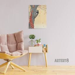 "Artery8 Great Spotted Woodpecker Tree Red Ivy Canvas Wall Art Print Koson in Orange - Size: W18"" x H24""" - thumbnail 3