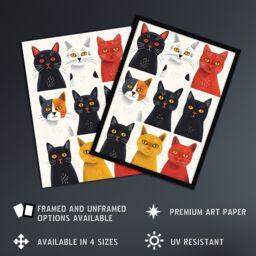 "Artery8 Wall Art Print Nine Cats Fun Quirky Animals Cat Lover Art Framed Poster in Black - Size: W12"" x H16""" - thumbnail 2