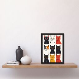 "Artery8 Wall Art Print Nine Cats Fun Quirky Animals Cat Lover Art Framed Poster in Black - Size: W12"" x H16""" - thumbnail 4