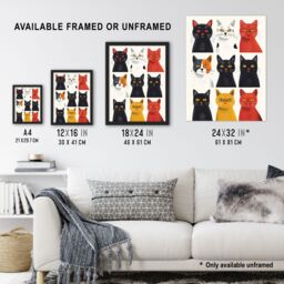 "Artery8 Wall Art Print Nine Cats Fun Quirky Animals Cat Lover Art Framed Poster in Black - Size: W12"" x H16""" - thumbnail 3