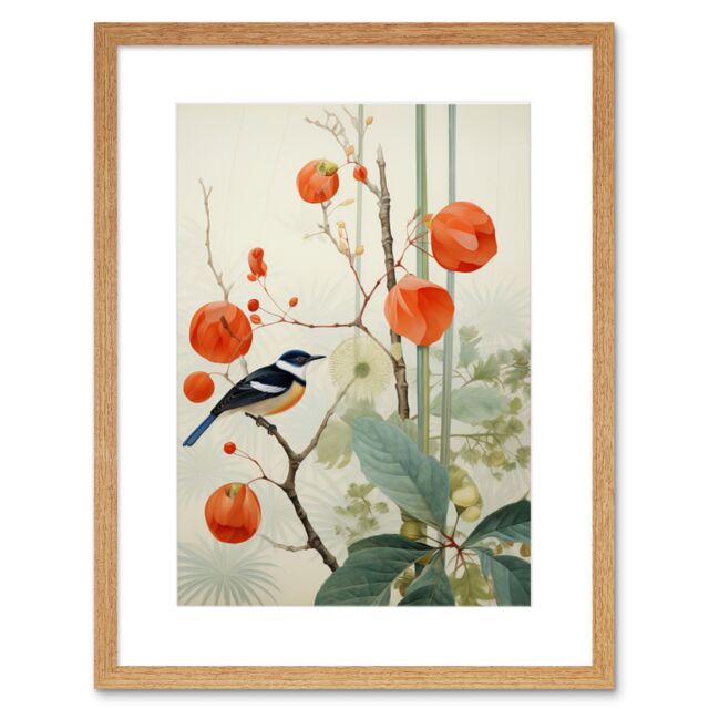 Artery8 Wall Art Print Small Bird on Blooming Tree Branch Botanical Artwork Red Teal Nature Study Audubon Style Artwork Framed 9X7 Inch - image 1