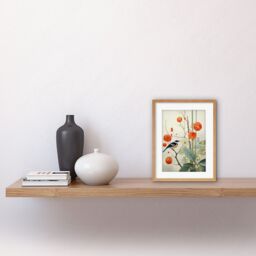 Artery8 Wall Art Print Small Bird on Blooming Tree Branch Botanical Artwork Red Teal Nature Study Audubon Style Artwork Framed 9X7 Inch - thumbnail 2