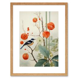 Artery8 Wall Art Print Small Bird on Blooming Tree Branch Botanical Artwork Red Teal Nature Study Audubon Style Artwork Framed 9X7 Inch - thumbnail 1
