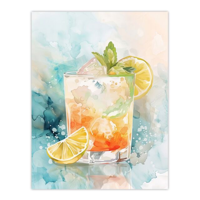 "Artery8 Cuba Libre Cocktail Watercolour Tropical Summer Wall Art Print in Blue - Size: W24"" x H32""" - image 1