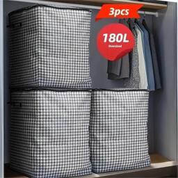 VOGREX 3pcs 180L Thickened Dustproof Storage Bags Clothes Quilt Organizer in Black - thumbnail 2