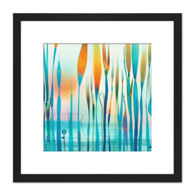 Artery8 Sunset Lake Reeds Pond Abstract Orange Teal Watercolour Painting Square Wooden Framed Wall Art Print Picture 8X8 Inch in Black - image 1