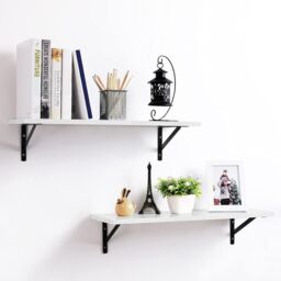 SONGMICS Floating Wall Shelves Set of 2 High Gloss Wooden Storage in White