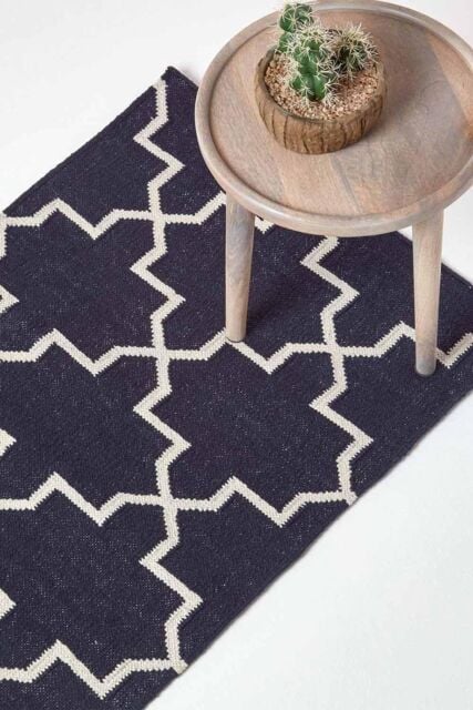 Homescapes Edmonton Cotton Geometric Pattern Kilim Hall Runner, 66 x 200 cm in Navy - Size: 66 cm x 200 cm - image 1