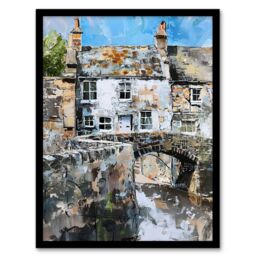 Artery8 North Yorkshire Village Medieval Bridge Painting Framed Art Print in Grey - Size: A4 - thumbnail 1