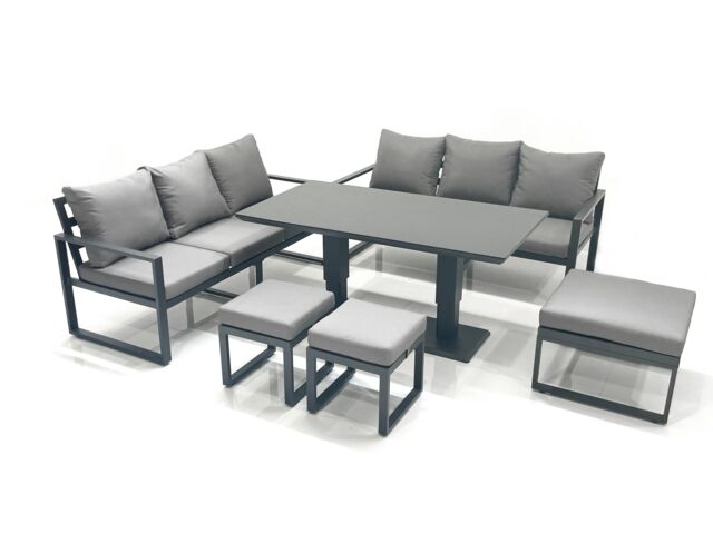 Fimous 9 Seater Aluminium Outdoor Garden Furniture Set with Adjustable Rising Lifting Dining Table 3 Seater Sofa 3 Footstools Dark Grey - image 1
