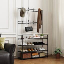 KORVIXA 4Tiers 8 Hooks Shelves Metal Coat Rack Stand in Black - Size: 900mm - thumbnail 4