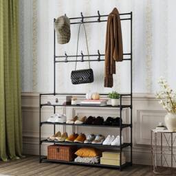 KORVIXA 4Tiers 8 Hooks Shelves Metal Coat Rack Stand in Black - Size: 900mm - thumbnail 5