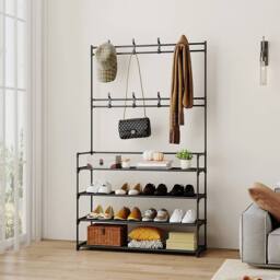 KORVIXA 4Tiers 8 Hooks Shelves Metal Coat Rack Stand in Black - Size: 900mm - thumbnail 3