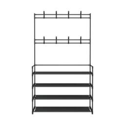 KORVIXA 4Tiers 8 Hooks Shelves Metal Coat Rack Stand in Black - Size: 900mm