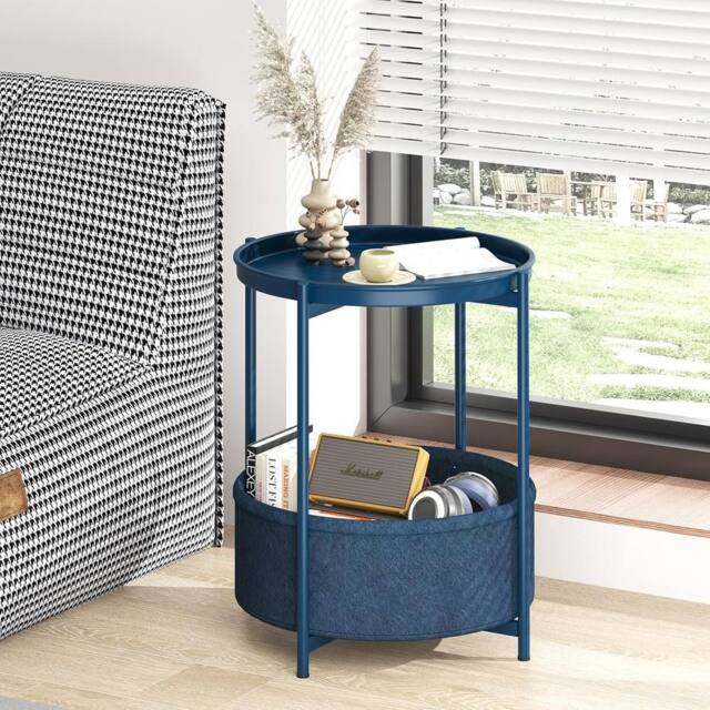 Huhote Round Side Table Fabric Basket End Table for Small Space 2 Tiers in Blue - image 1