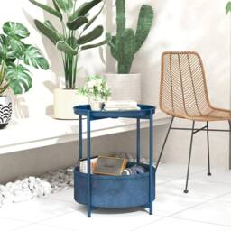 Huhote Round Side Table Fabric Basket End Table for Small Space 2 Tiers in Blue - thumbnail 6