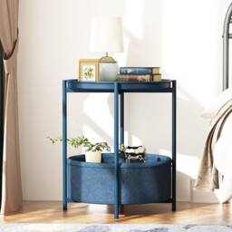 Huhote Round Side Table Fabric Basket End Table for Small Space 2 Tiers in Blue - thumbnail 2