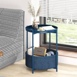 Huhote Round Side Table Fabric Basket End Table for Small Space 2 Tiers in Blue - thumbnail 1