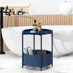 Huhote Round Side Table Fabric Basket End Table for Small Space 2 Tiers in Blue - thumbnail 5