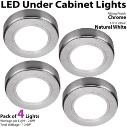 Loops 4x CHROME Round Surface or Flush Under Cabinet Kitchen Light & Driver Kit - Natural White LED - thumbnail 3