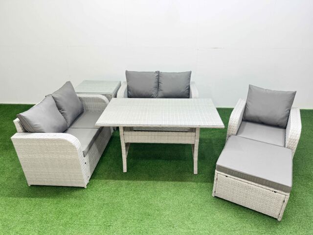 Fimous High Back Poly Rattan Garden Furniture Set w/ Reclining Chair Loveseat Sofa Rectangular Dining Table Indoor Outdoor Patio Set Big Stool Side - image 1