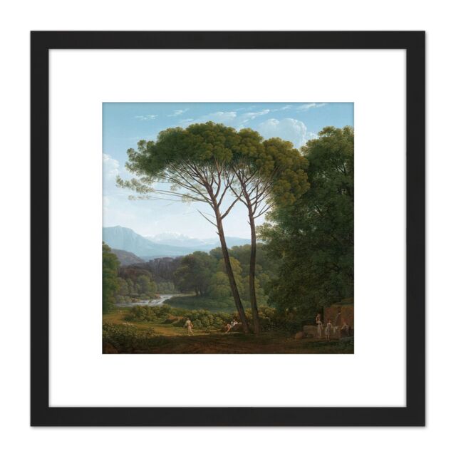 Artery8 Voogd Italianate Landscape With Pines Painting 8X8 Inch Square Wooden Framed Wall Art Print Picture with Mount in Black - image 1