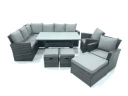 Fimous Outdoor Furniture Garden Dining Set Rattan Corner Sofa Set with 3 Footstools 2 Armchairs in Dark Grey - thumbnail 1