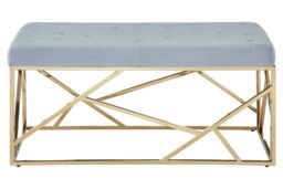 Orsina Luxe Gold & Powder Blue Velvet Bench, Stylish Garden Bench For Outdoor, Accent Dining Bench For Diningroom