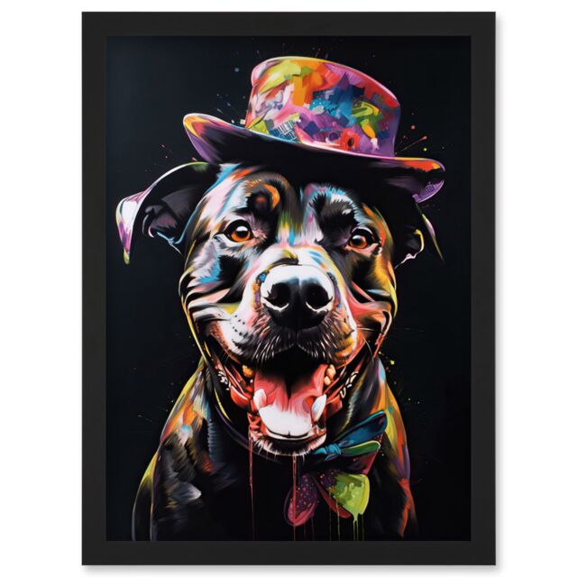 Artery8 Rottweiler in Bow Tie & Multicoloured Top Hat Artwork Framed Wall Art Print A4 in Black - image 1