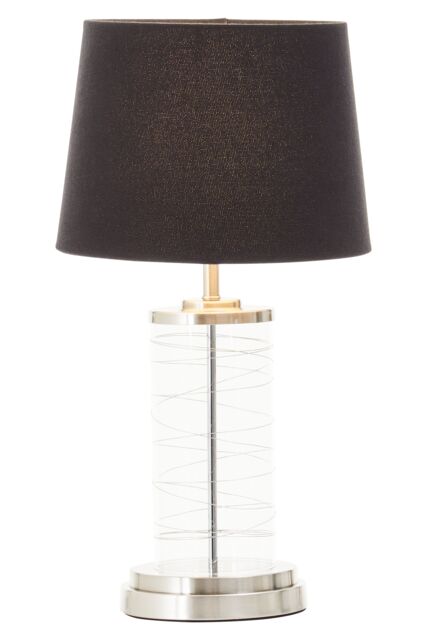 Orsina Glass Cylinder Table Lamp, Chrome Spiral Base with Black Linen Shade, Modern Monochrome Table Light in Brown - image 1