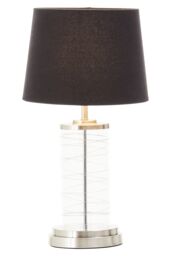 Orsina Glass Cylinder Table Lamp, Chrome Spiral Base with Black Linen Shade, Modern Monochrome Table Light in Brown