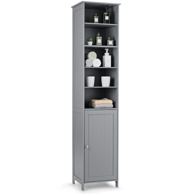 Costway Bathroom Tall Cabinet Slim Freestanding Storage Organizer W/ Adjustable Shelves in Grey - image 1