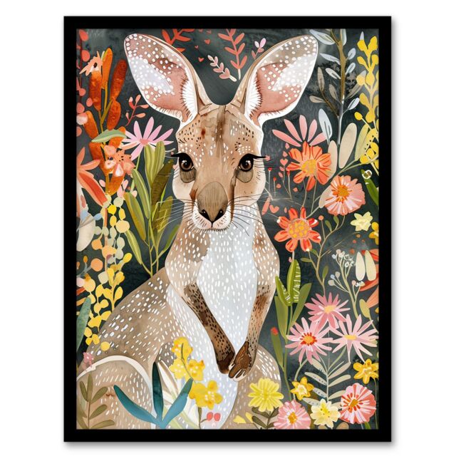 Artery8 Cute Baby Kangaroo with Vibrant Spring Flowers Framed Wall Art - Size: A4 - image 1