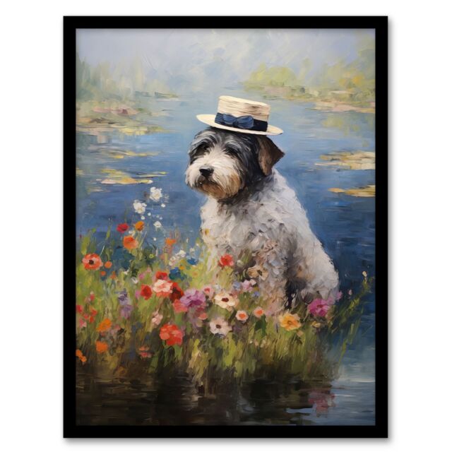 "Artery8 Wall Art Print Bearded Collie Wearing Hat Claude Monet Style Dog Oil Painting Art Framed in Black - Size: W12"" x H16""" - image 1