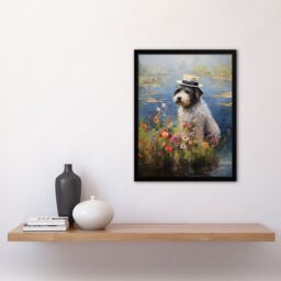 "Artery8 Wall Art Print Bearded Collie Wearing Hat Claude Monet Style Dog Oil Painting Art Framed in Black - Size: W12"" x H16""" - thumbnail 4