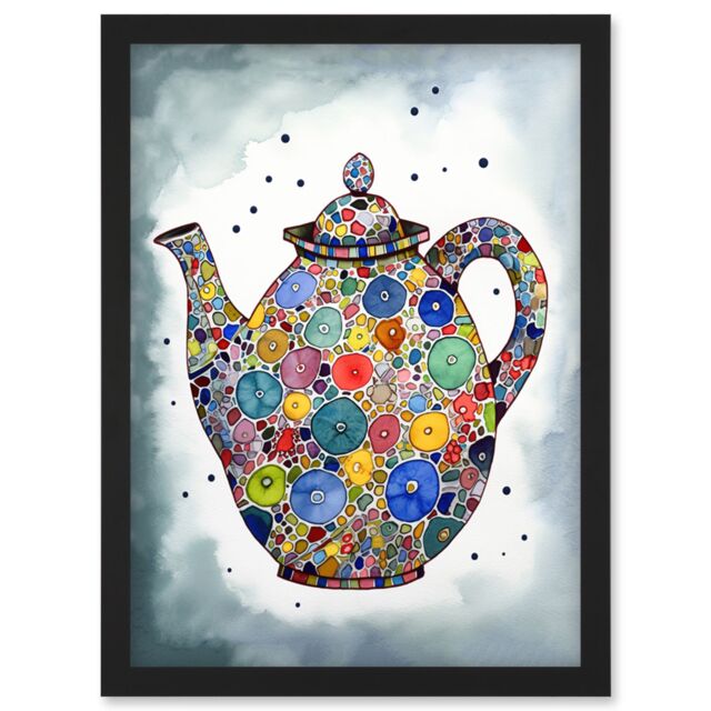 Artery8 Colourful Teapot Folk Art Kitchen Artwork Framed Wall Art Print A4 in Black - image 1