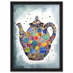 Artery8 Colourful Teapot Folk Art Kitchen Artwork Framed Wall Art Print A4 in Black - thumbnail 1