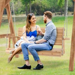 Costway Outdoor Porch Hanging Swing Chair Wooden Garden Swing Bench W/ Cup Holders in Natural - thumbnail 3