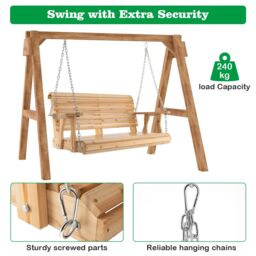 Costway Outdoor Porch Hanging Swing Chair Wooden Garden Swing Bench W/ Cup Holders in Natural - thumbnail 6