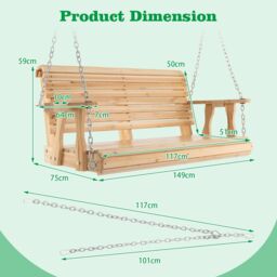 Costway Outdoor Porch Hanging Swing Chair Wooden Garden Swing Bench W/ Cup Holders in Natural - thumbnail 2