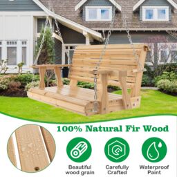 Costway Outdoor Porch Hanging Swing Chair Wooden Garden Swing Bench W/ Cup Holders in Natural - thumbnail 5
