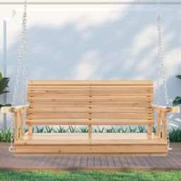 Costway Outdoor Porch Hanging Swing Chair Wooden Garden Swing Bench W/ Cup Holders in Natural - thumbnail 4