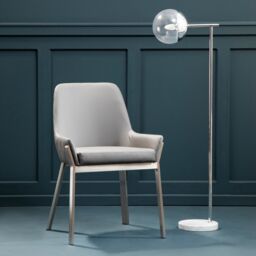 Orsina Grey Dining Chair with Flared Back, Curved Back Accent Arm Chair for Dining, Silver Finished Angular Legs - thumbnail 1